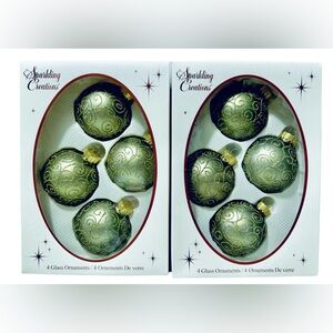 Sparkling Creations Lot Of 2 Box Sage Green Gold Glitter Swirl 8 Glass Ornaments